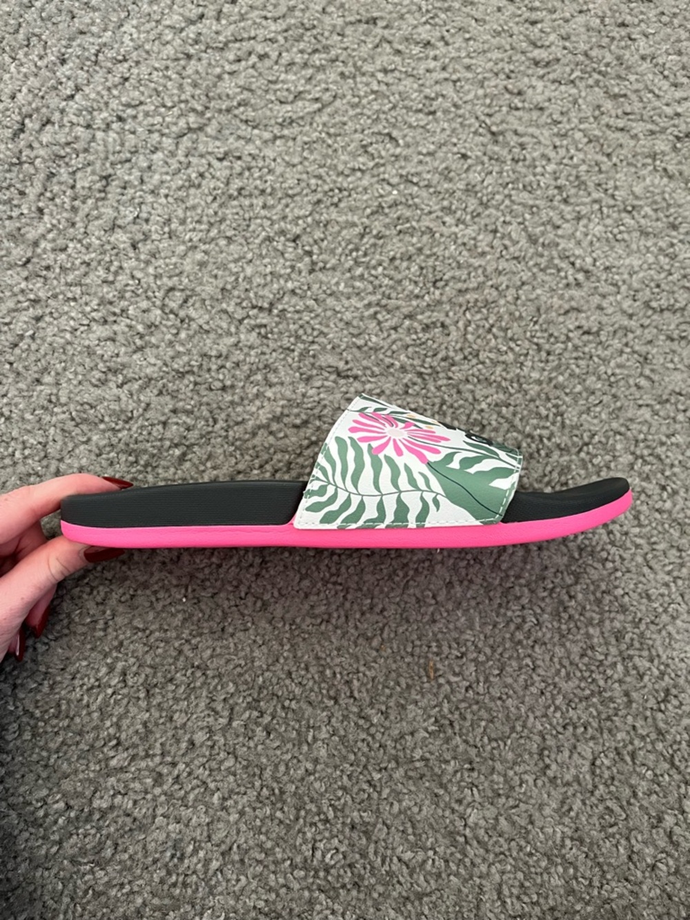 adidas Black Slide Sandals with Pink Trim and Floral Strap - Picture 4 of 8